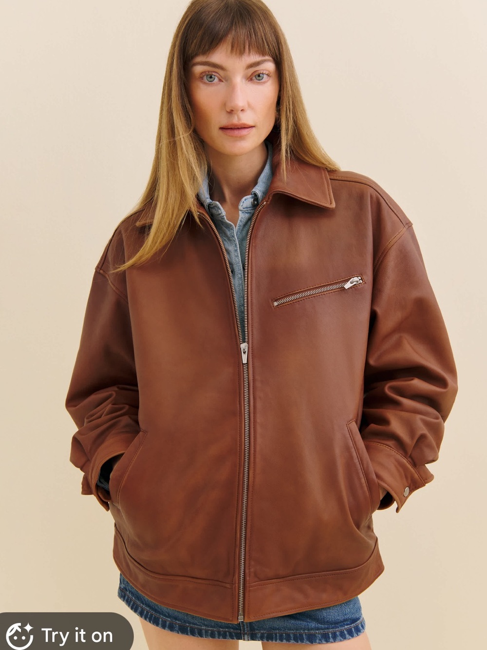 REFORMATION VEDA Marco Brown Leather Oversized Bomber SZ M